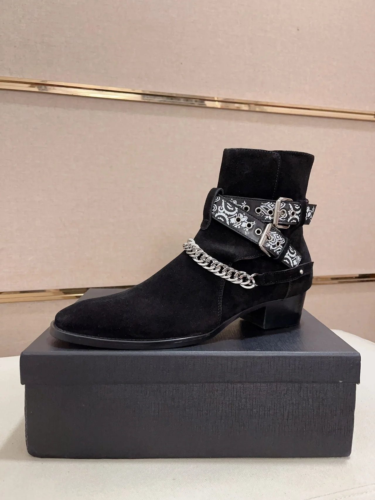 AMIRI Cowhide Suede-Look Pointed-Toe Bandana Strap Ankle Boots in Black · view 1