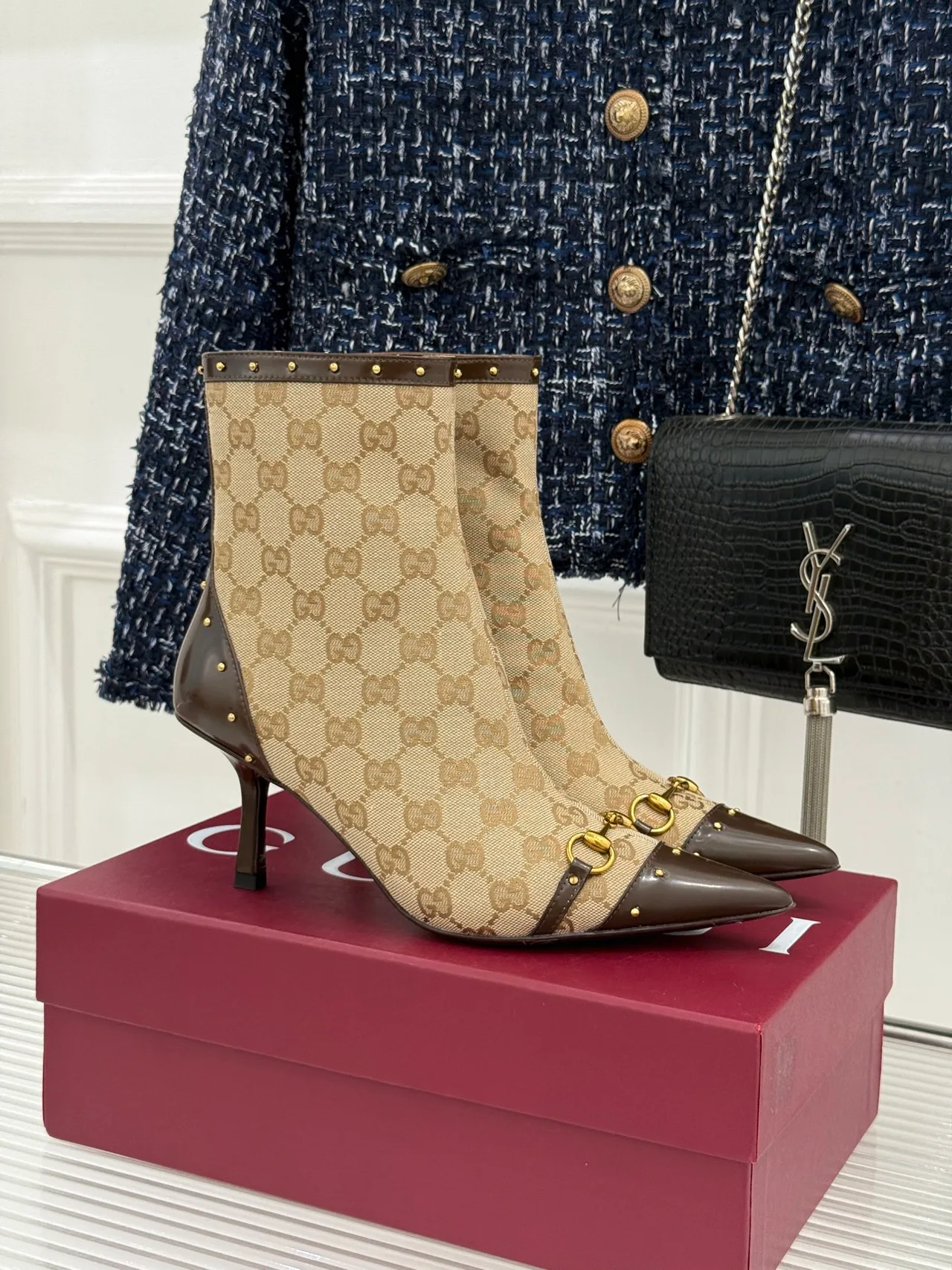 Gucci Sheepskin Canvas Ankle Boots in Beige · view 1