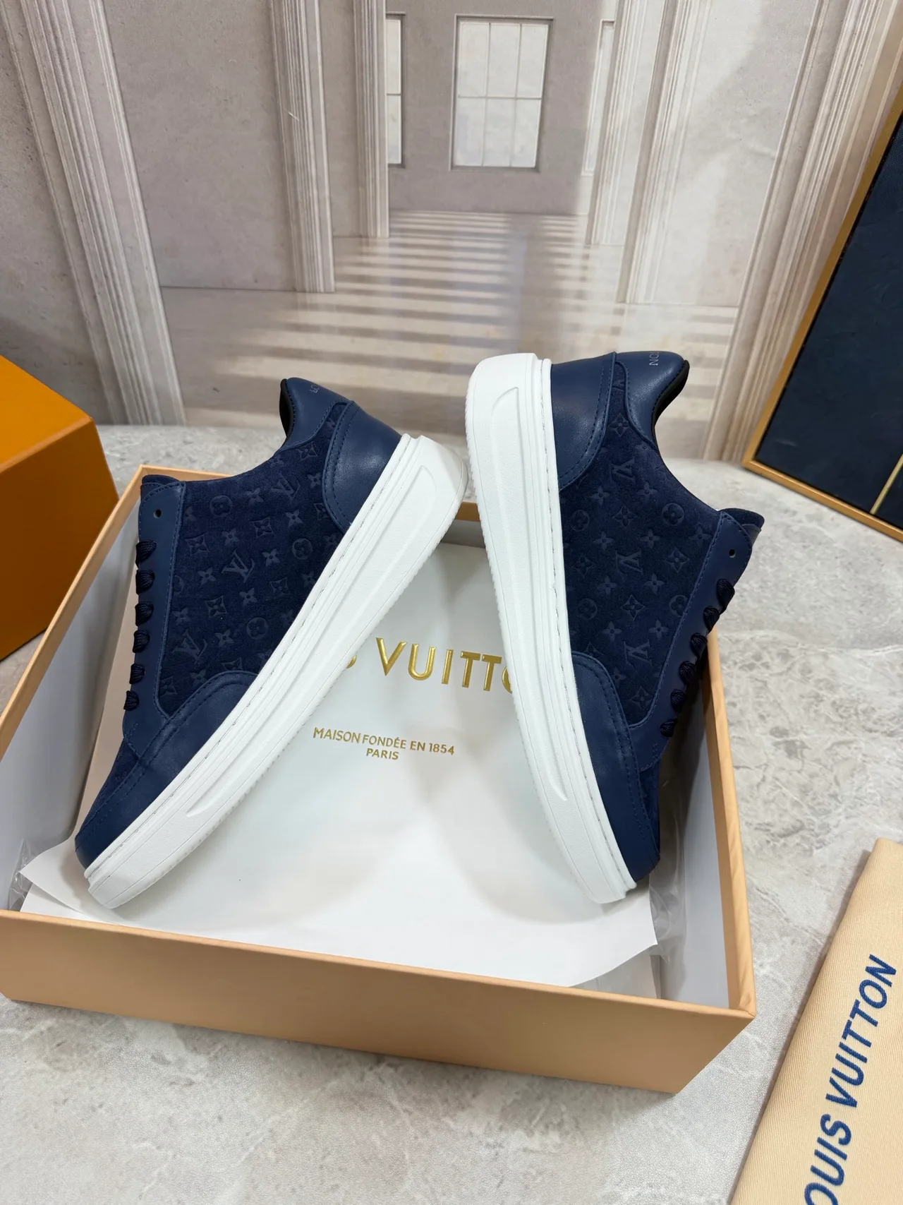 Louis Vuitton Calfskin Monogram Low-Top Sneakers in Blue · view 4