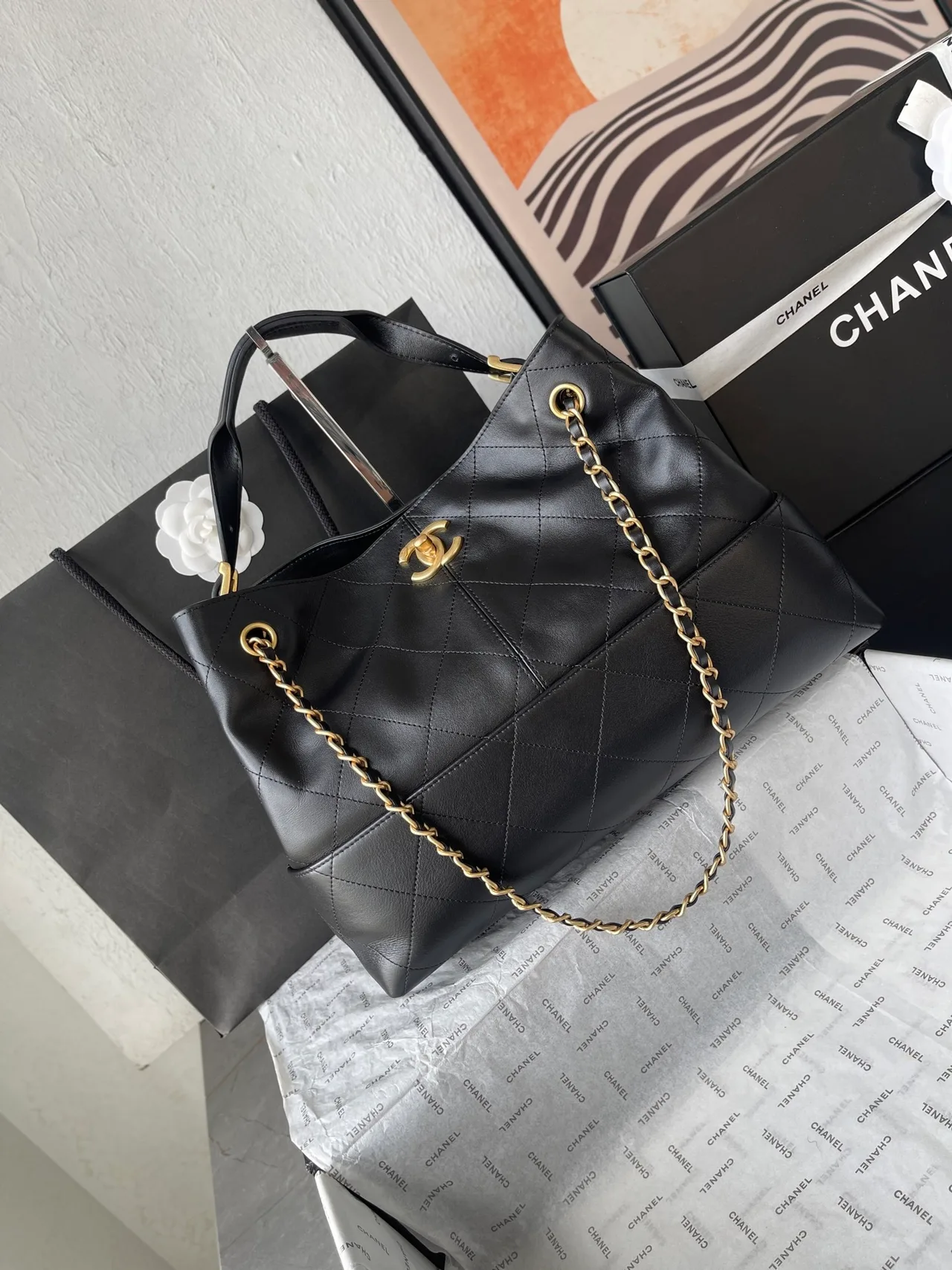 Chanel Leather Quilted Tote in Black · view 2