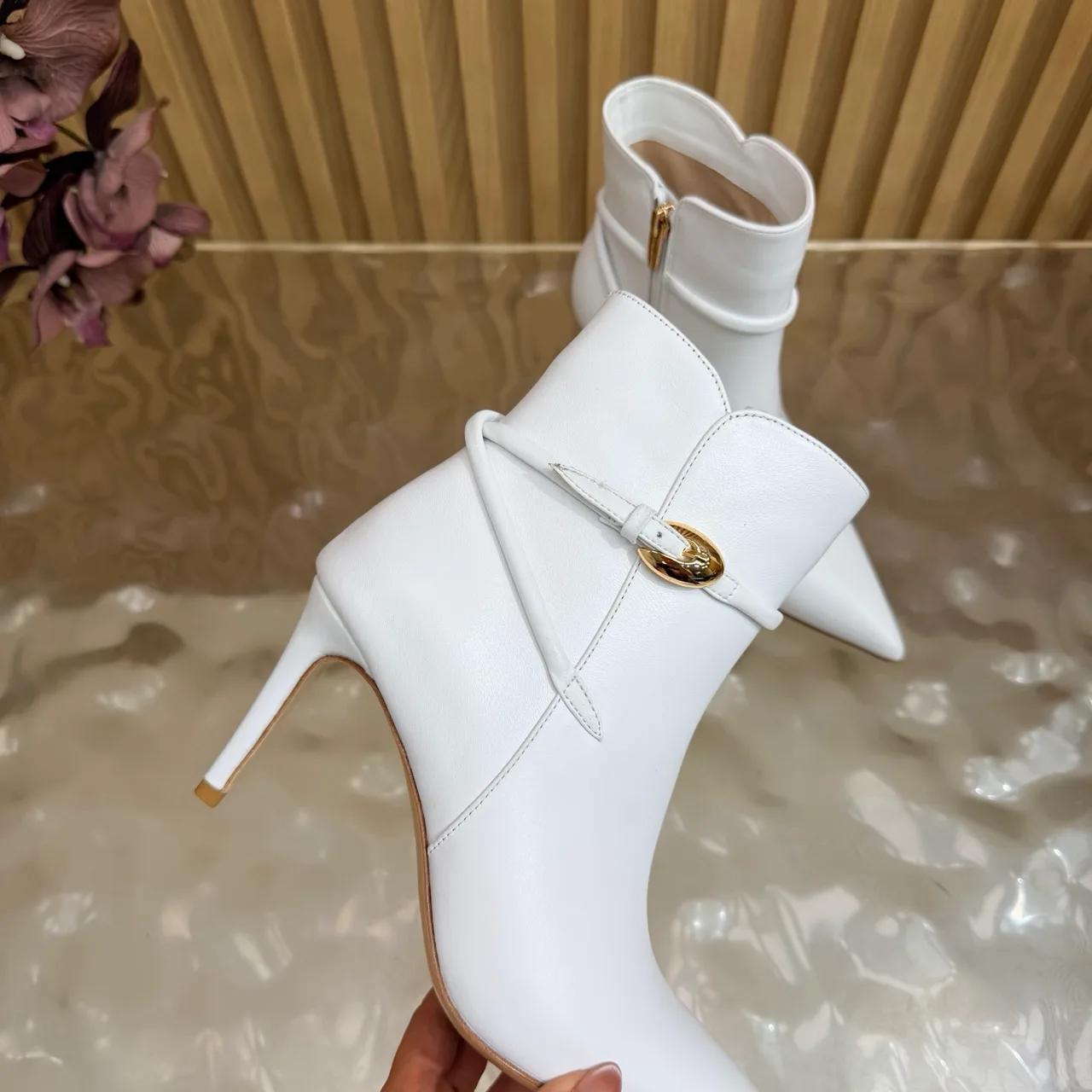 Bottega Veneta Glossy Pointed-Toe Buckle Ankle Boots in White · view 8