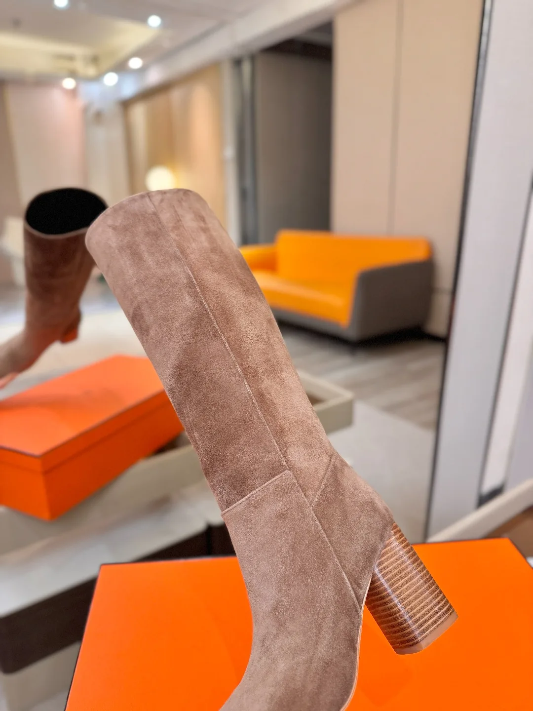 Hermes Cowhide Knee-High Boots in Grey · view 8