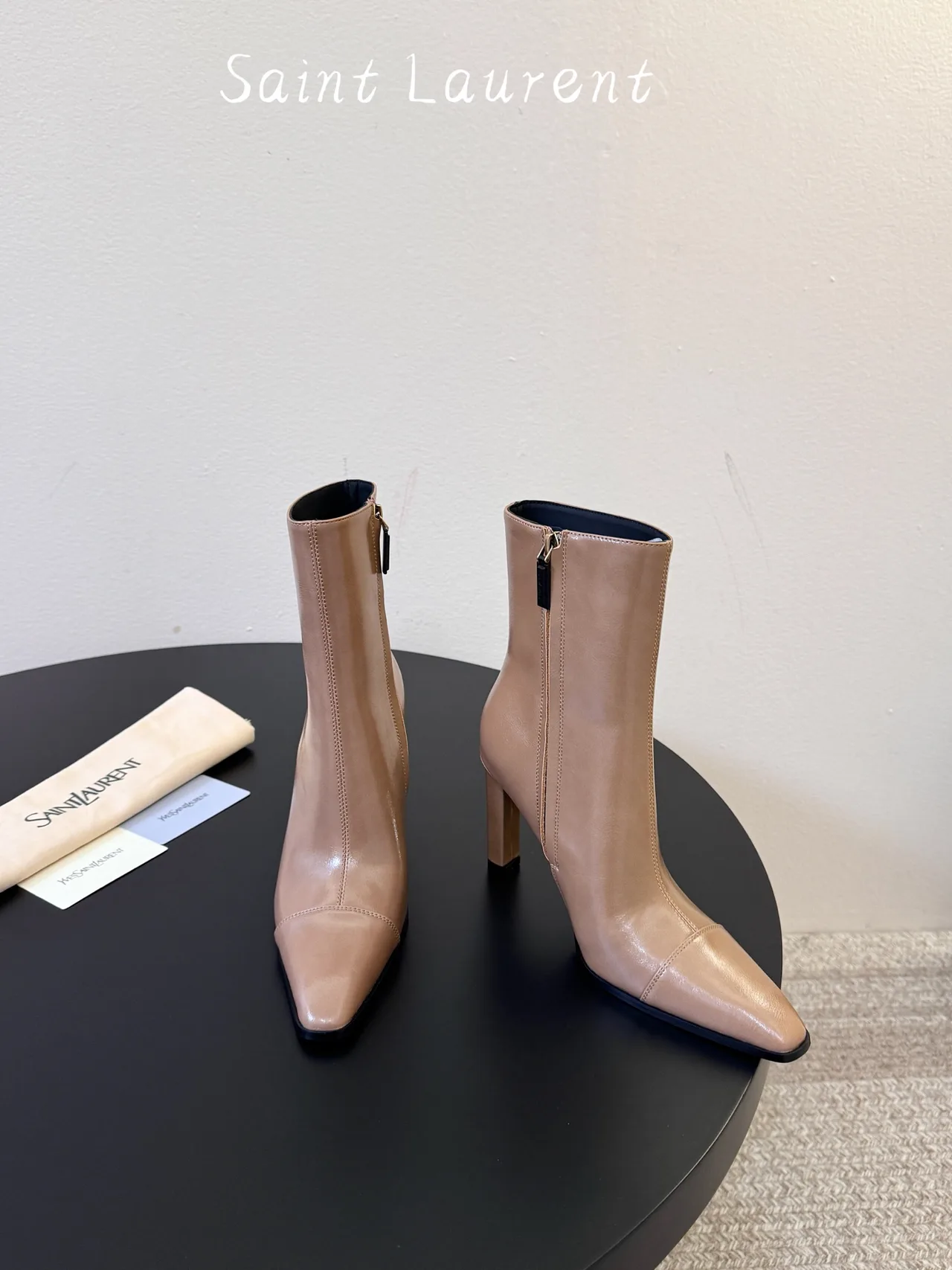 Saint Laurent Glossy Pointed-Toe Ankle Boots in Tan · view 2