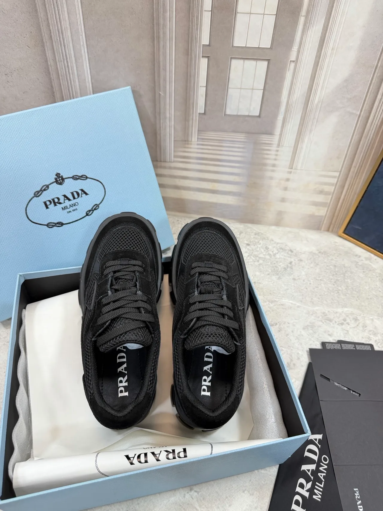 Prada Ribbed Lace-Up Sneakers in Black · view 2