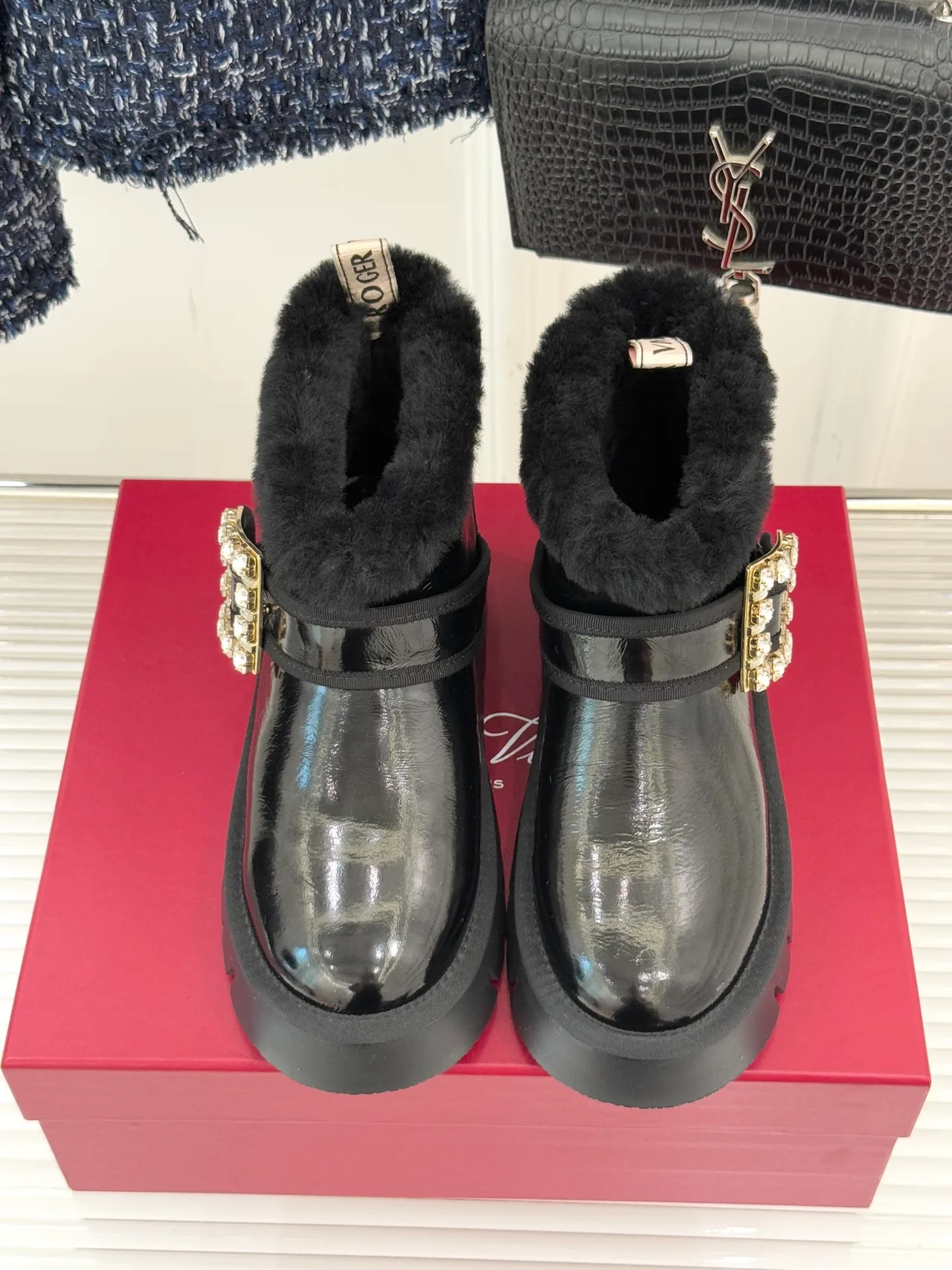 Roger Vivier Wool Glossy Fur-Lined Ankle Boots in Black · view 3