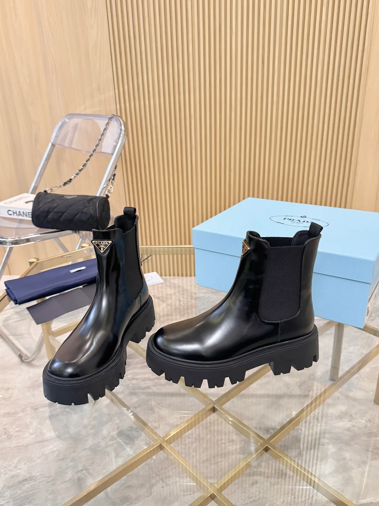 Prada Glossy Chelsea Boots in Black · view 4