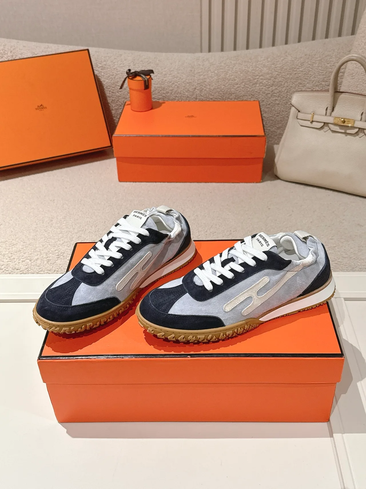 Hermes Sheepskin Suede Sneakers in Blue · view 2