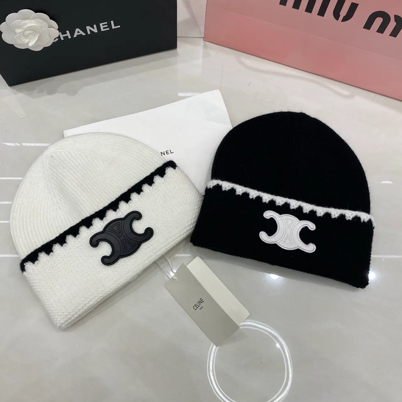 Celine Triomphe Beanie in Black & Brown & White & Grey · view 6