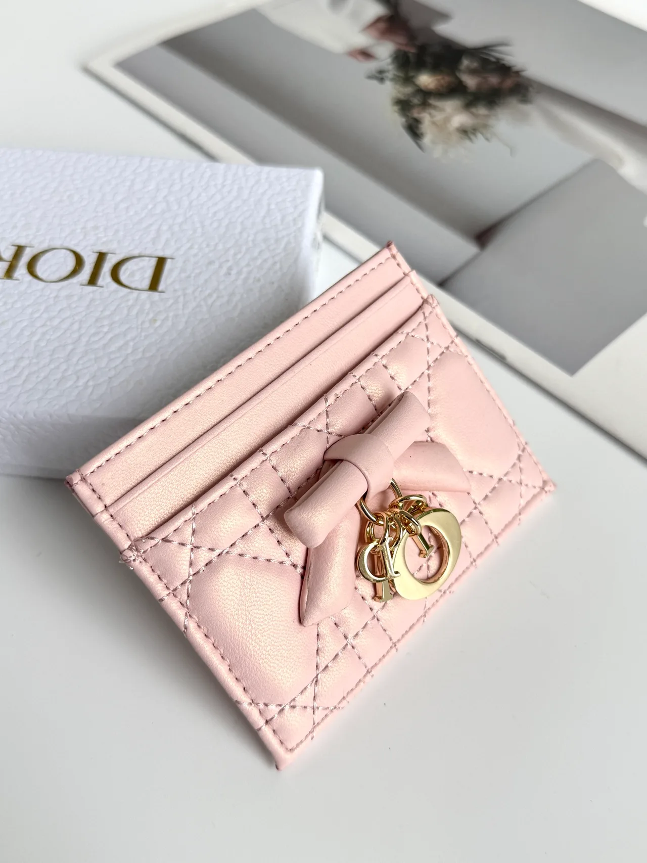Dior Lambskin Quilted Bow Cardholder in Pink · view 4