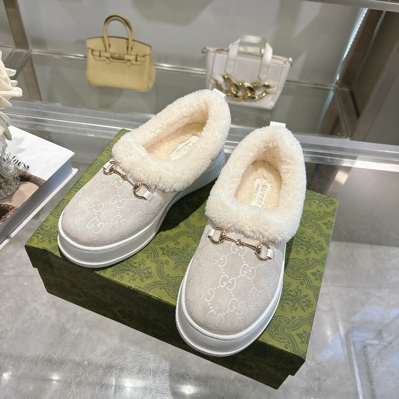 Gucci Cowhide Sheepskin Buckle Slippers in Grey · view 1