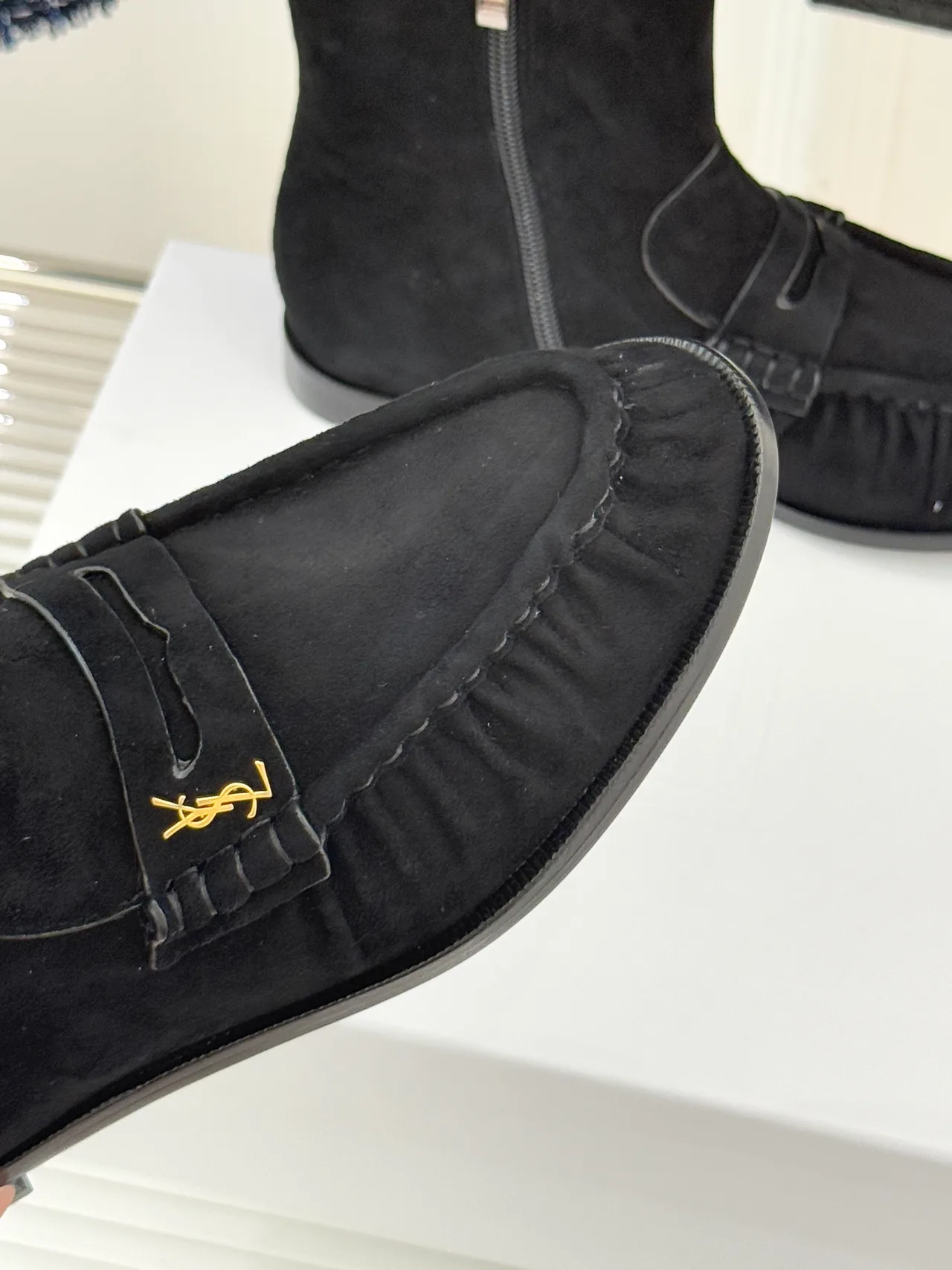 Saint Laurent Glossy Suede-Look Round-Toe Ankle Boots in Black · view 7