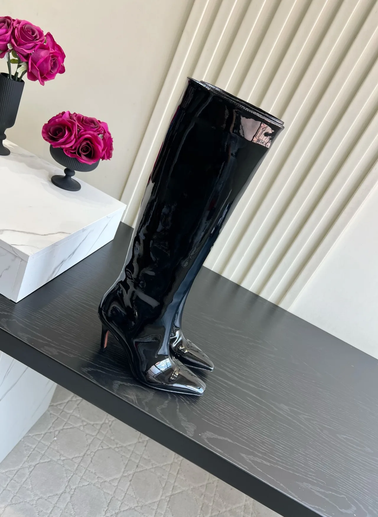 Amina Muaddi Cowhide Glossy Pointed-Toe Knee-High Boots in Black · view 2