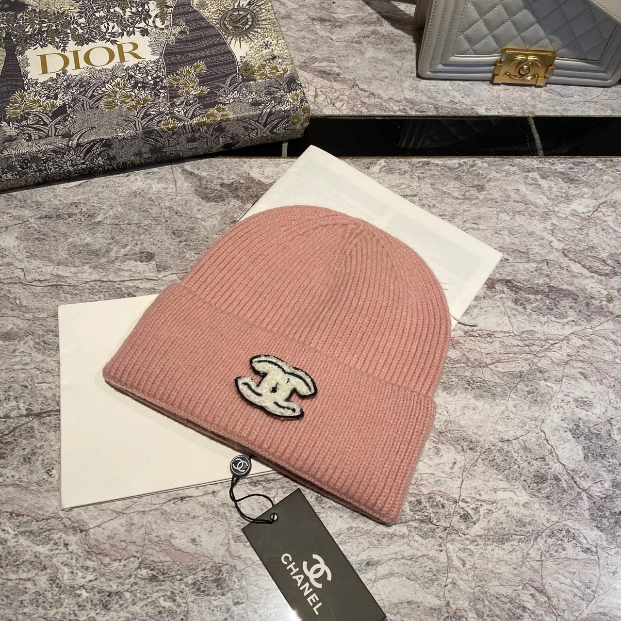 Chanel CC Knit Beanie in Black / White / Red / Burgundy / Grey / Tan / Pink · view 7