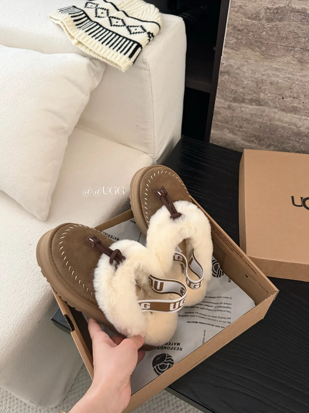 UGG Cowhide Wool Suede-Look Tassel Slippers in Brown · view 2