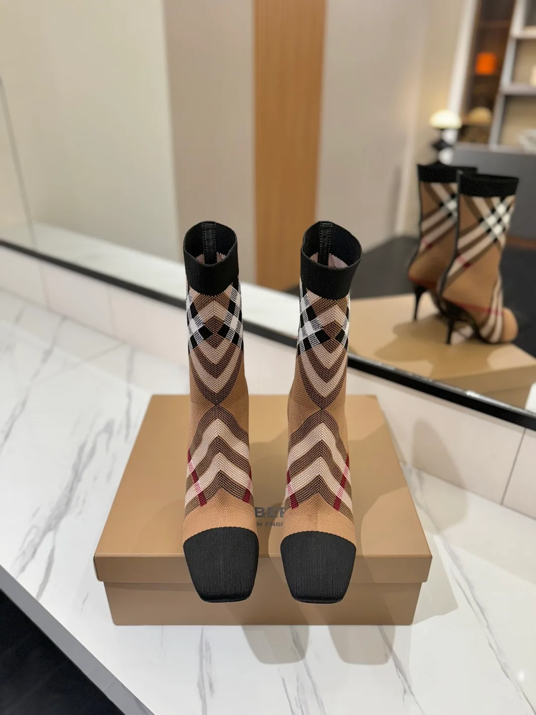 Burberry Check Knee-High Boots in Beige · view 3