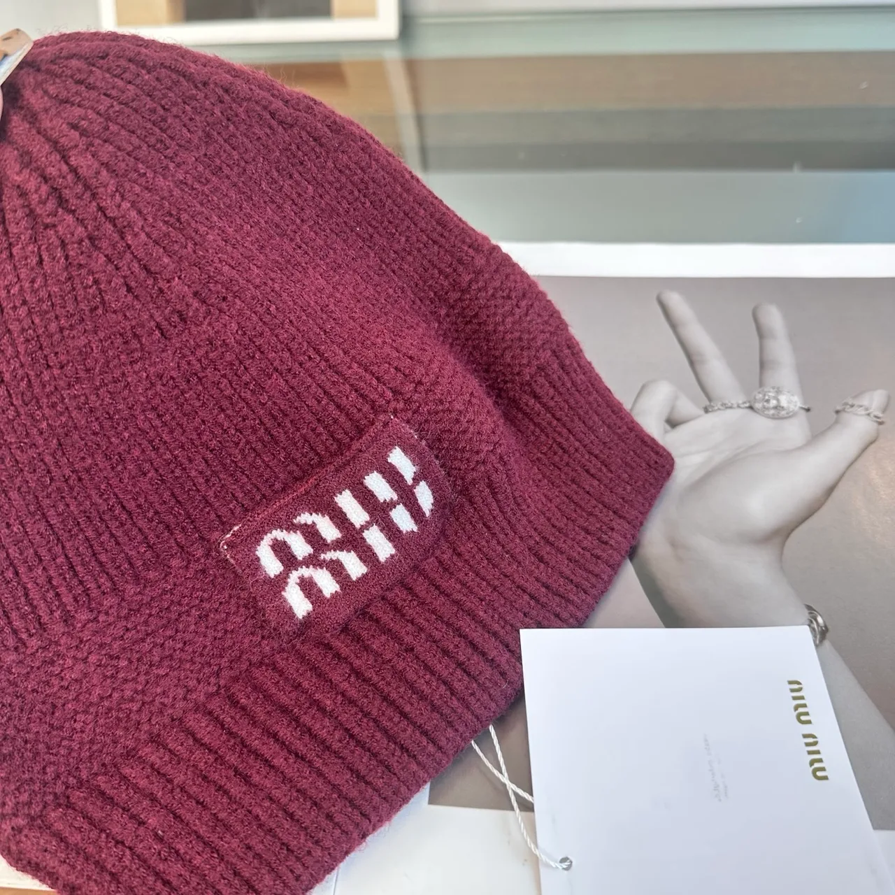 Miu Miu Beanie in Burgundy & Black & Grey & Tan & White · view 7