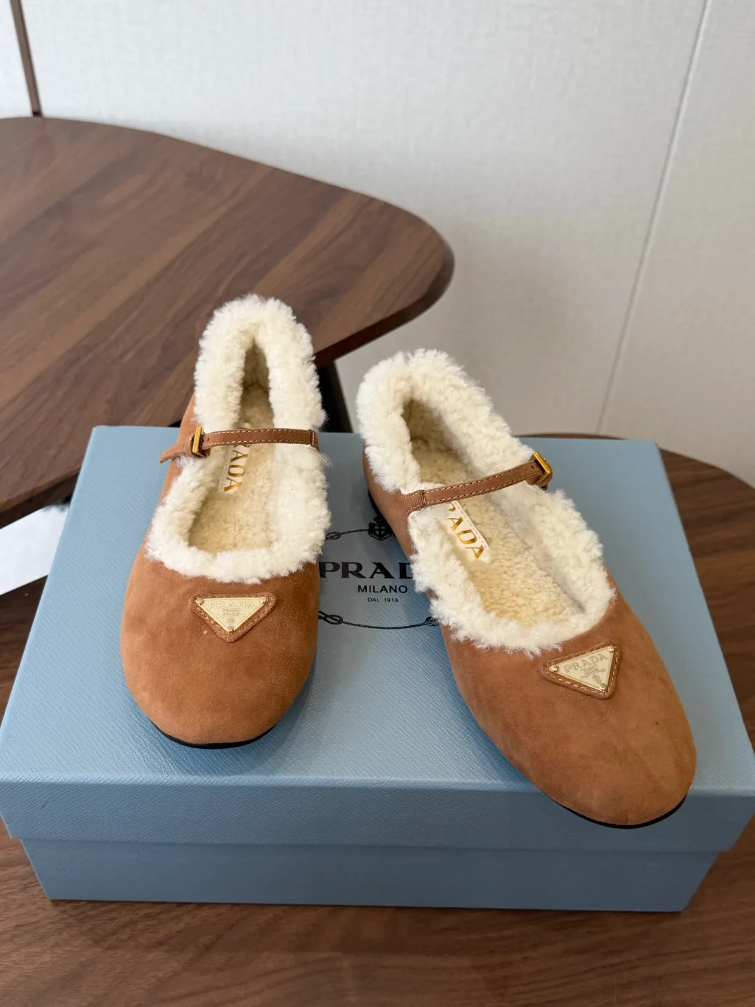 Prada Suede-Look Slippers in Tan · view 3