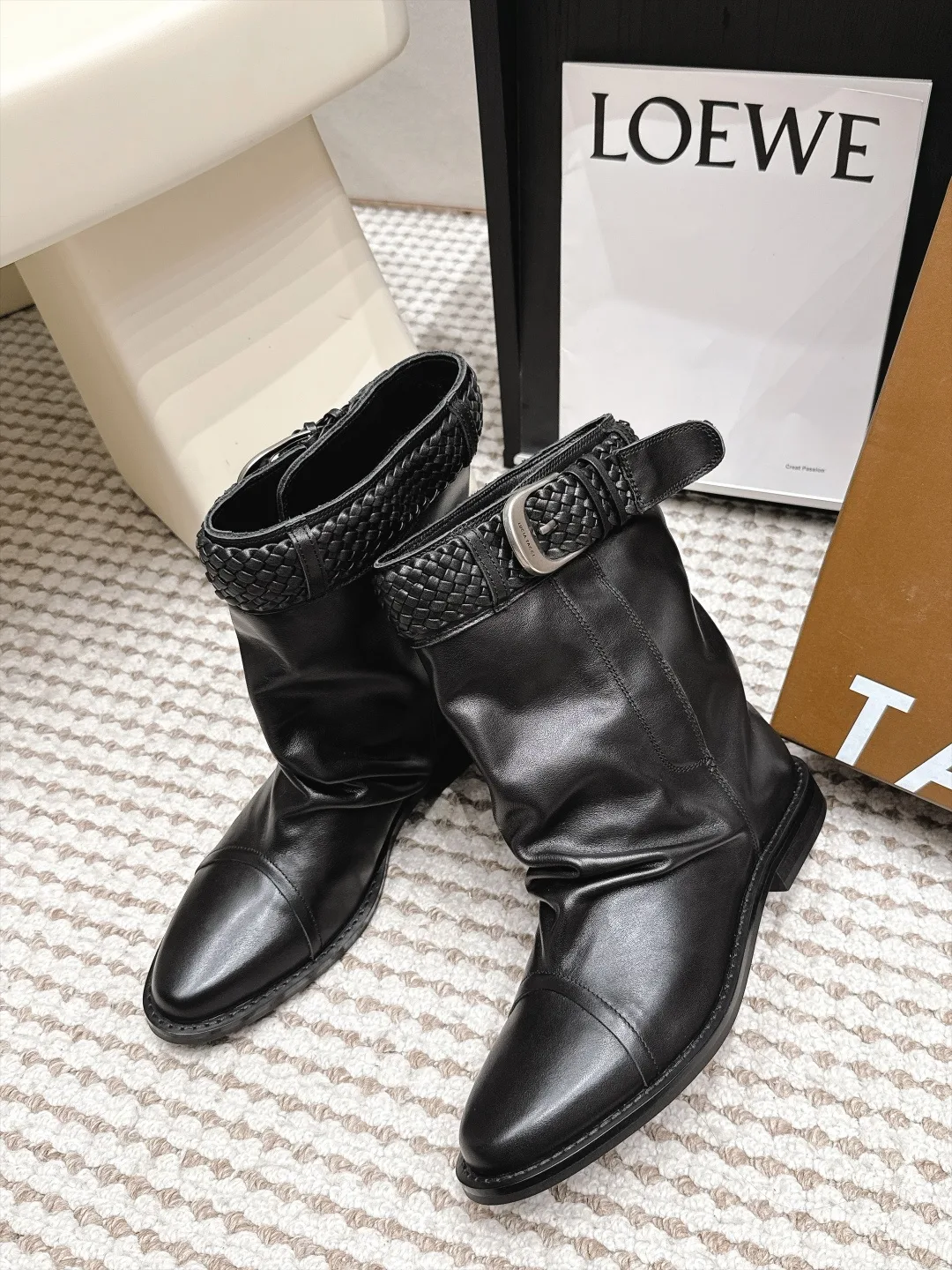 Loewe Woven Glossy Pointed-Toe Buckle Boots in Black · view 5
