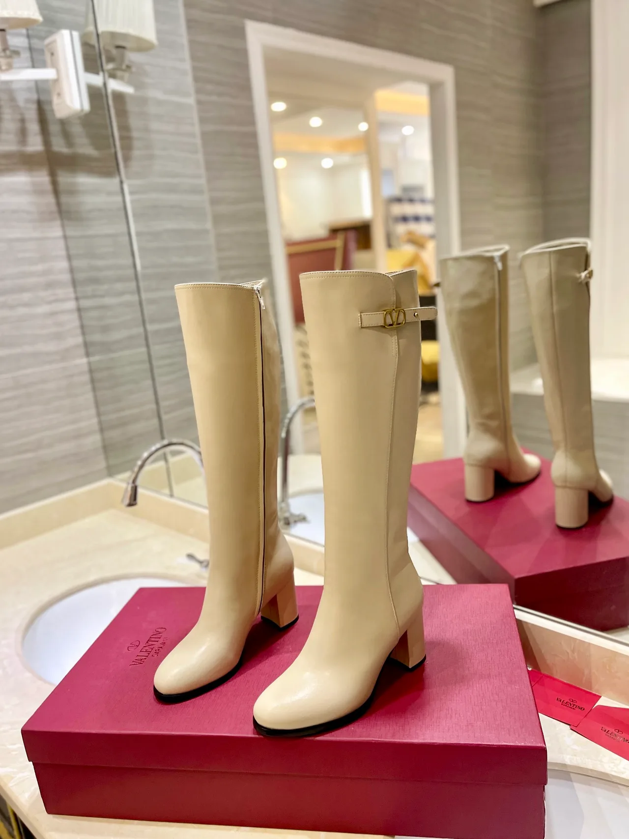 Valentino Leather Glossy Round-Toe Buckle Knee-High Boots in White · view 2