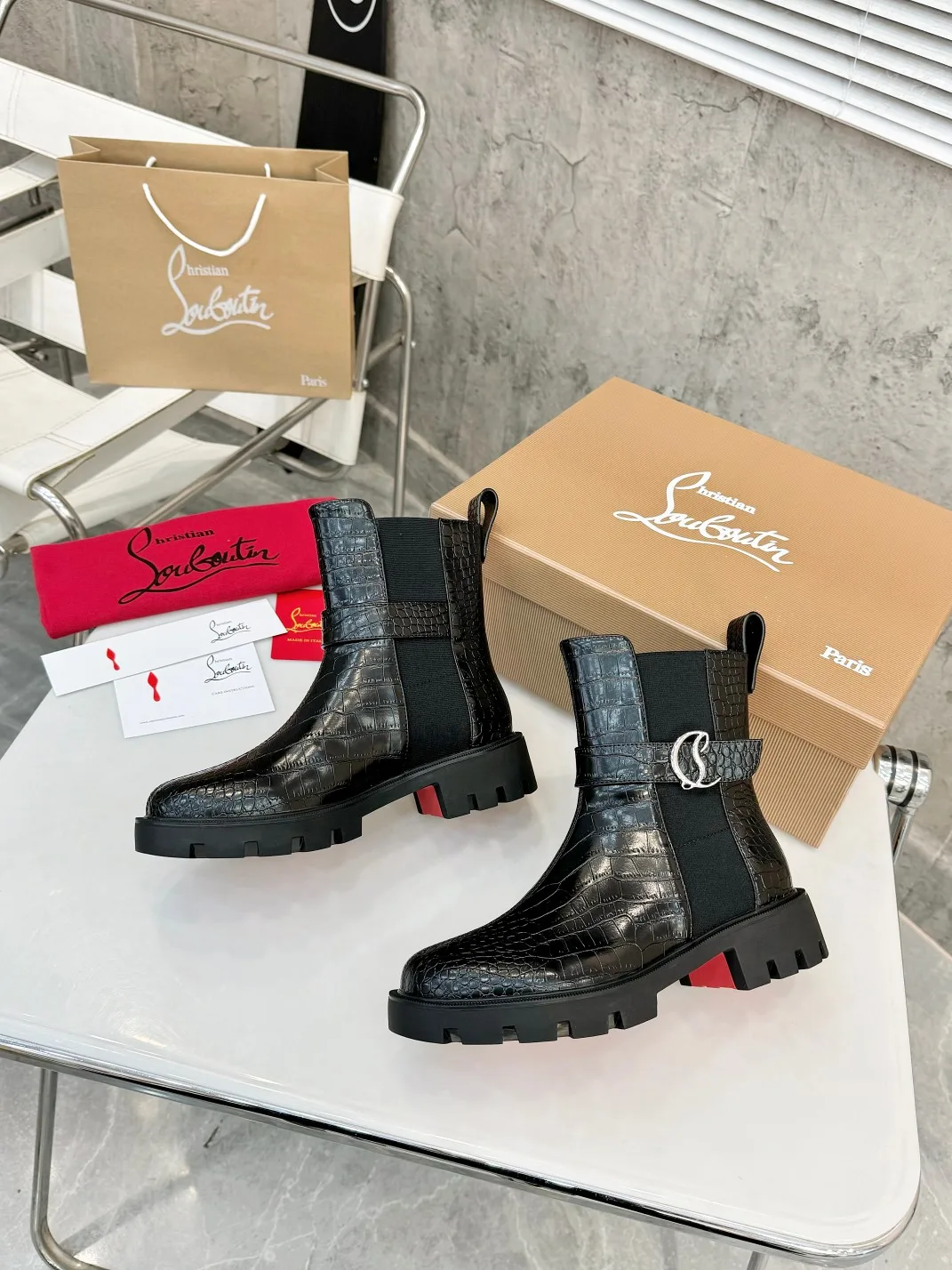 Christian Louboutin Glossy Buckle Ankle Boots in Black · view 6