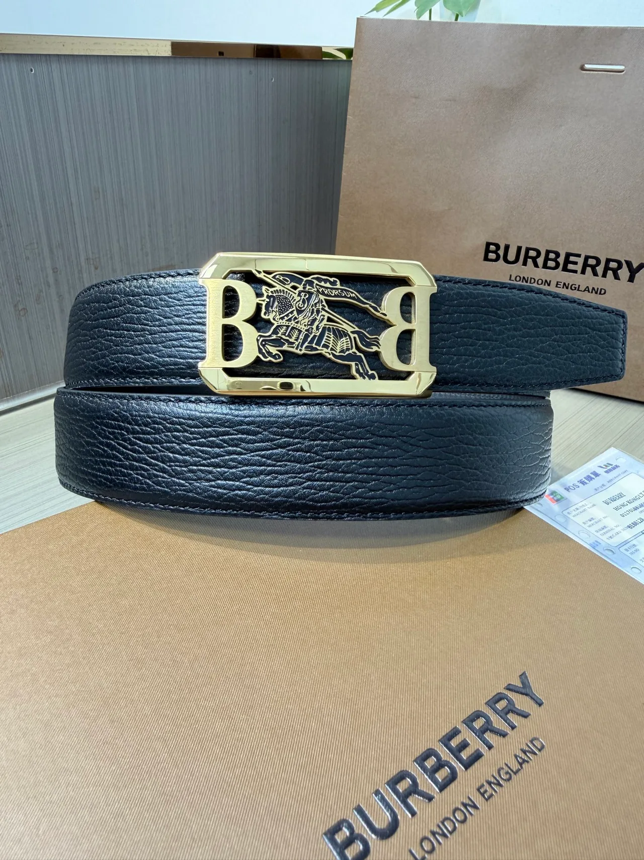Burberry Calfskin Glossy Belt in Black · view 1