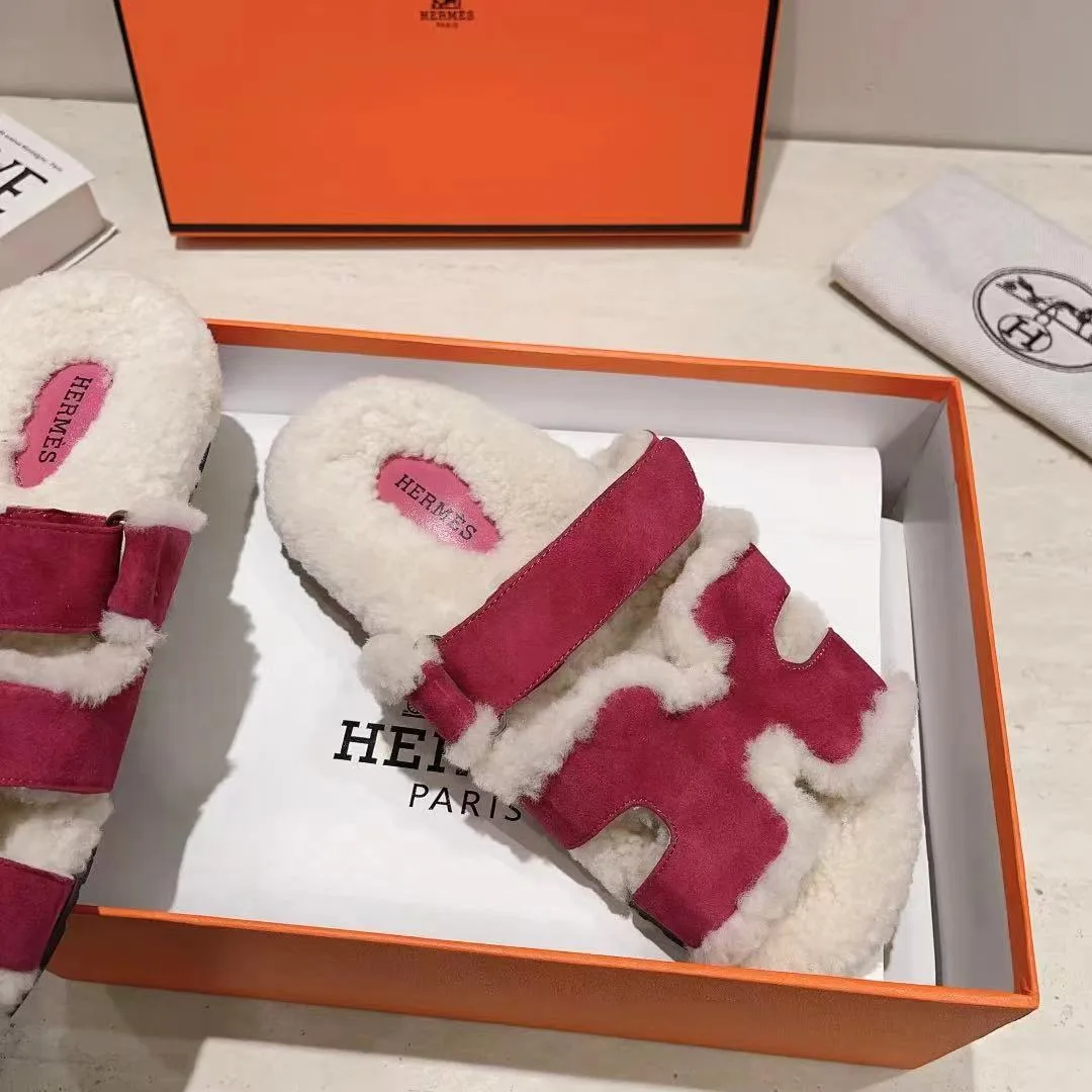 Hermes Sheepskin Chypre Shearling Slides in Pink · view 6