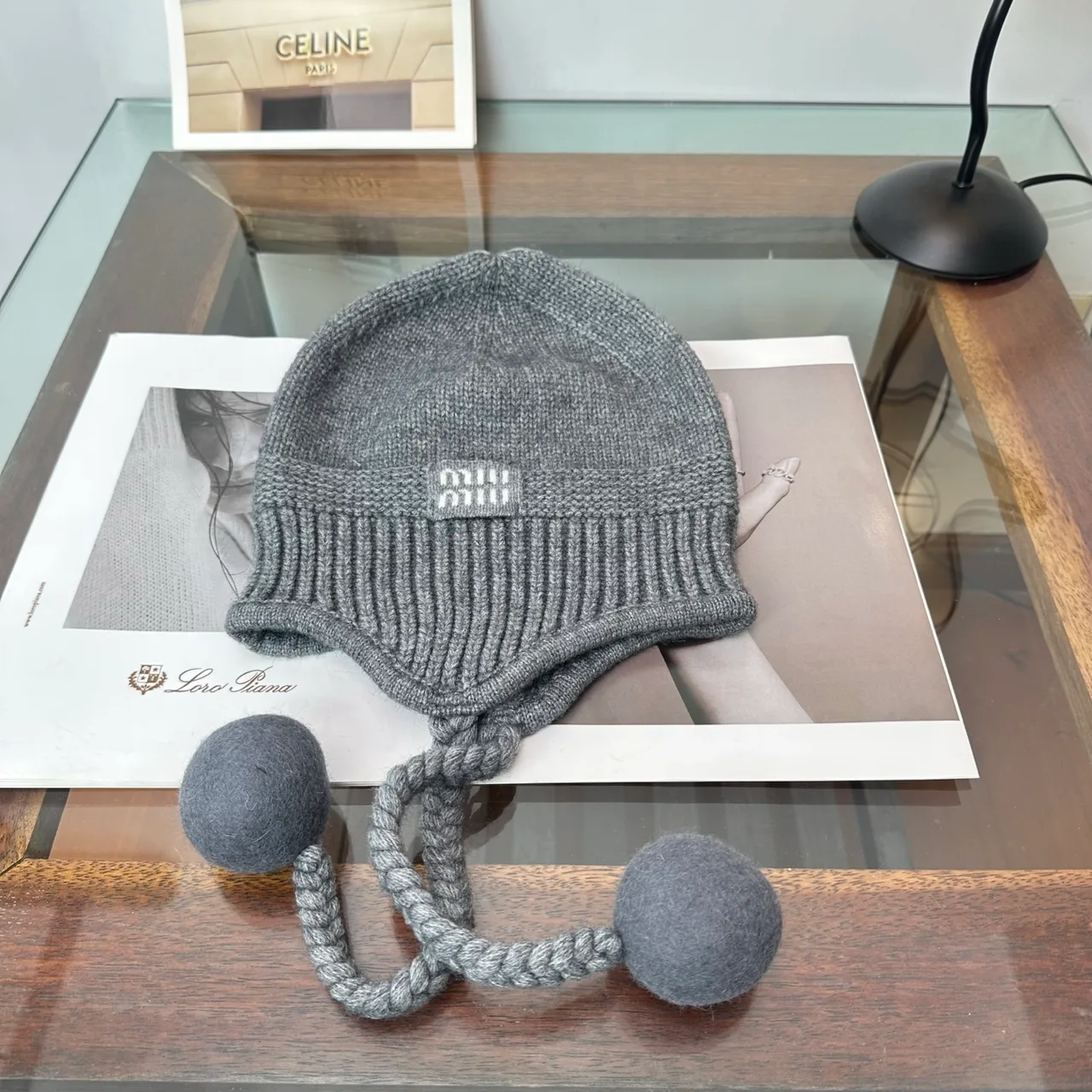 Miu Miu Earflap Beanie in Cream & Grey & Black · view 2
