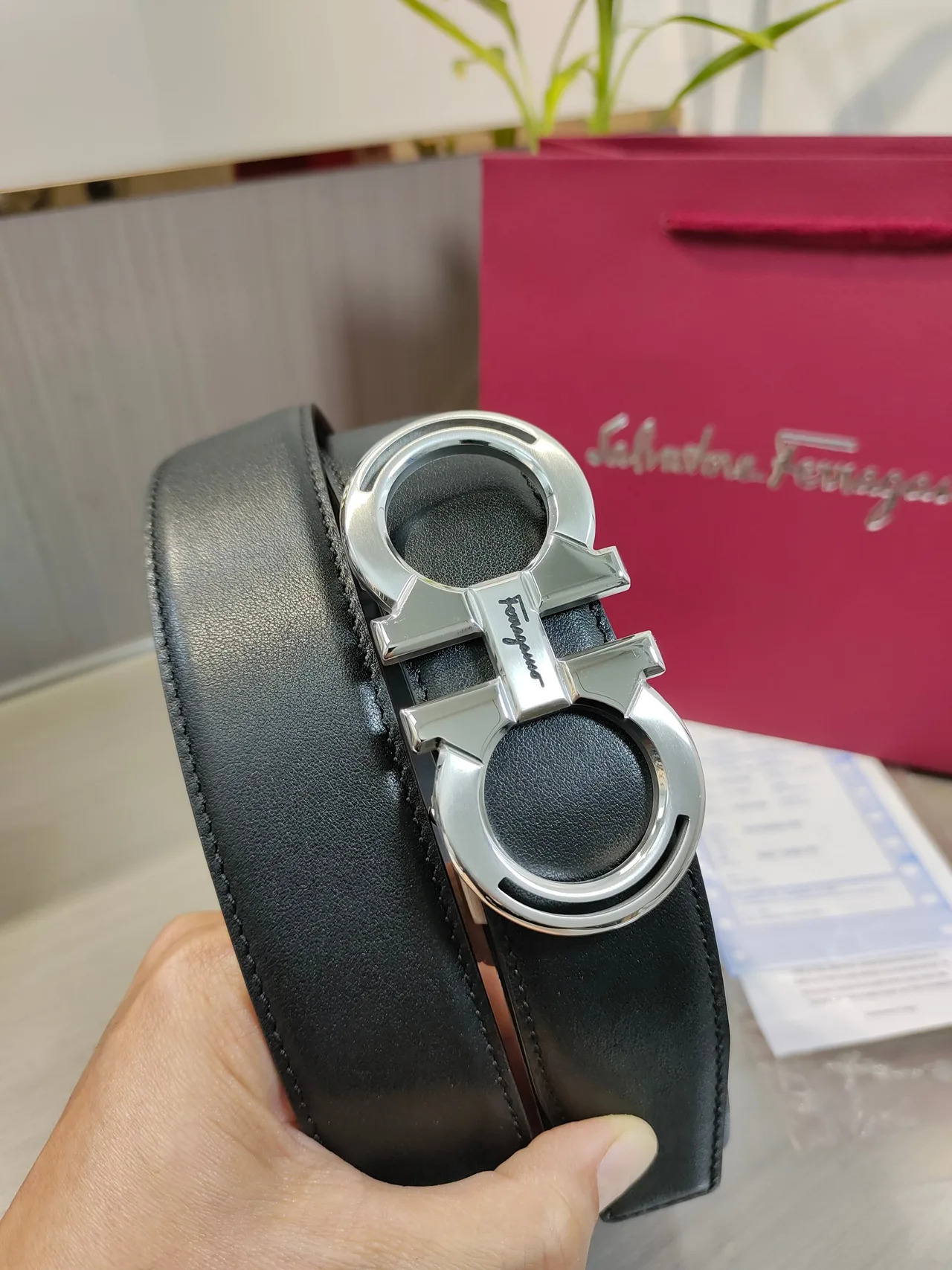 Ferragamo Calfskin Glossy Belt in Black · view 7