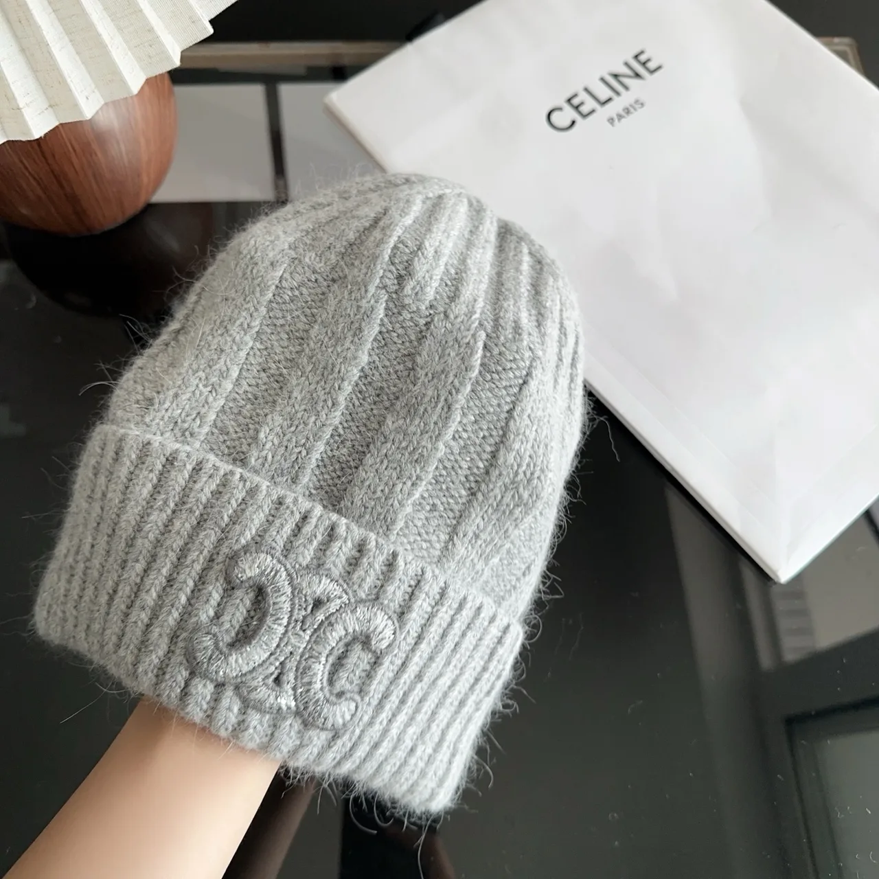 Celine Ribbed Embroidered Beanie in Grey · view 3