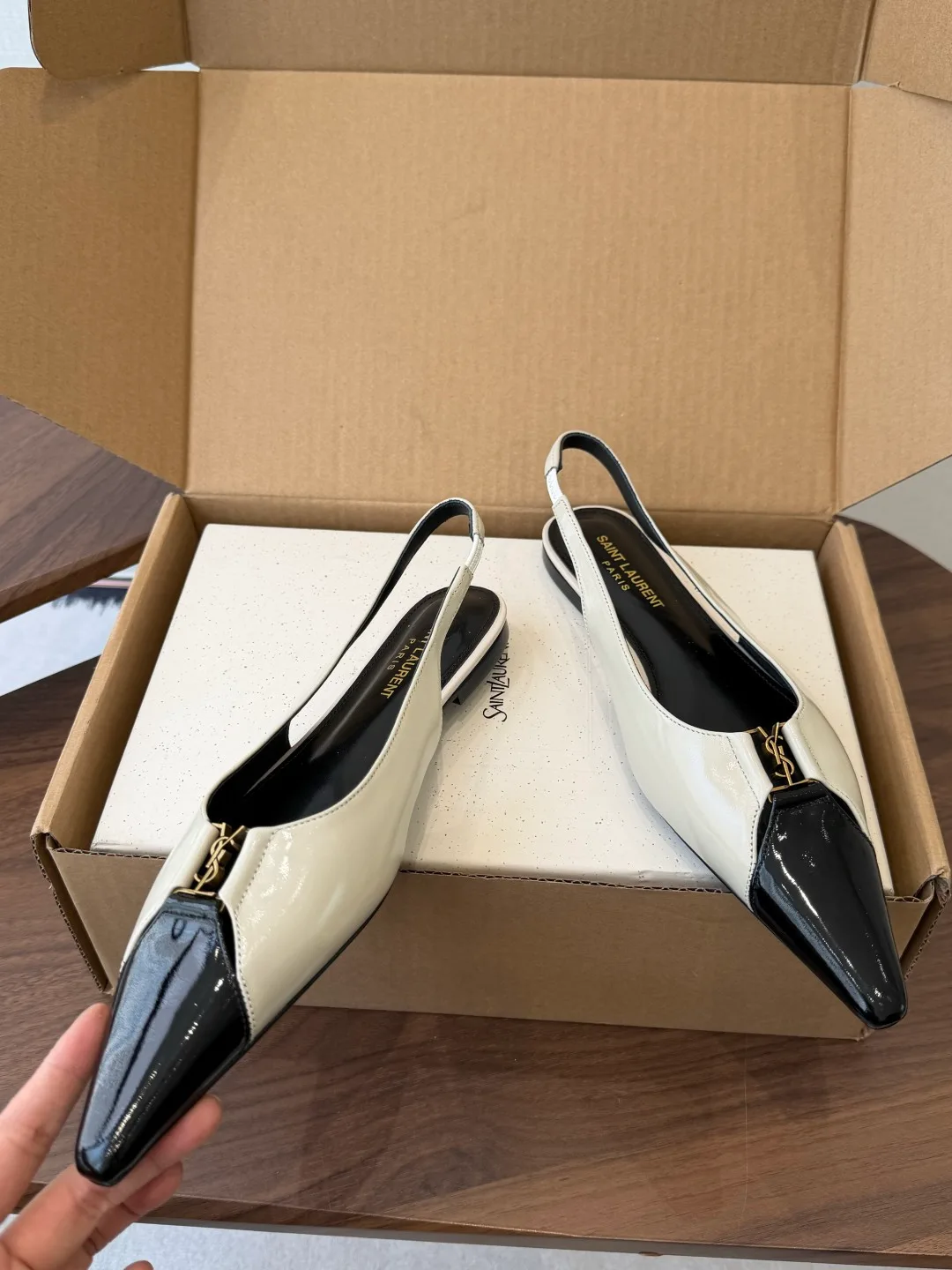 Saint Laurent Sheepskin Glossy Pointed-Toe Toe-Cap Slingback Pumps in White · view 5
