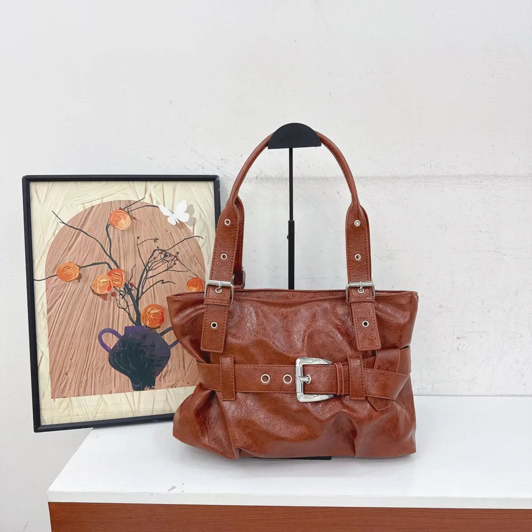 Buckle-Strap Shoulder Tote in Red & Black & Brown & White · view 3