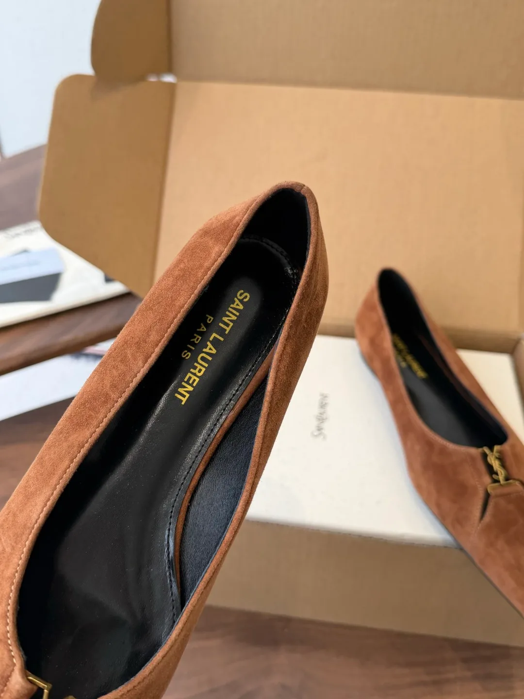 Saint Laurent Sheepskin Suede-Look Pointed-Toe Flats in Brown · view 7