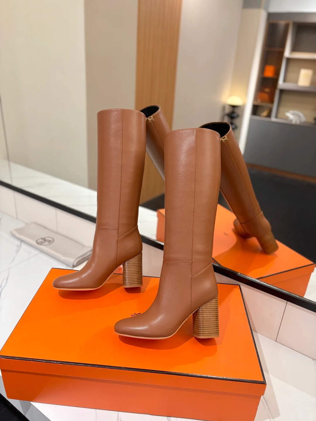 Hermes Cowhide Knee-High Boots in Brown · view 5