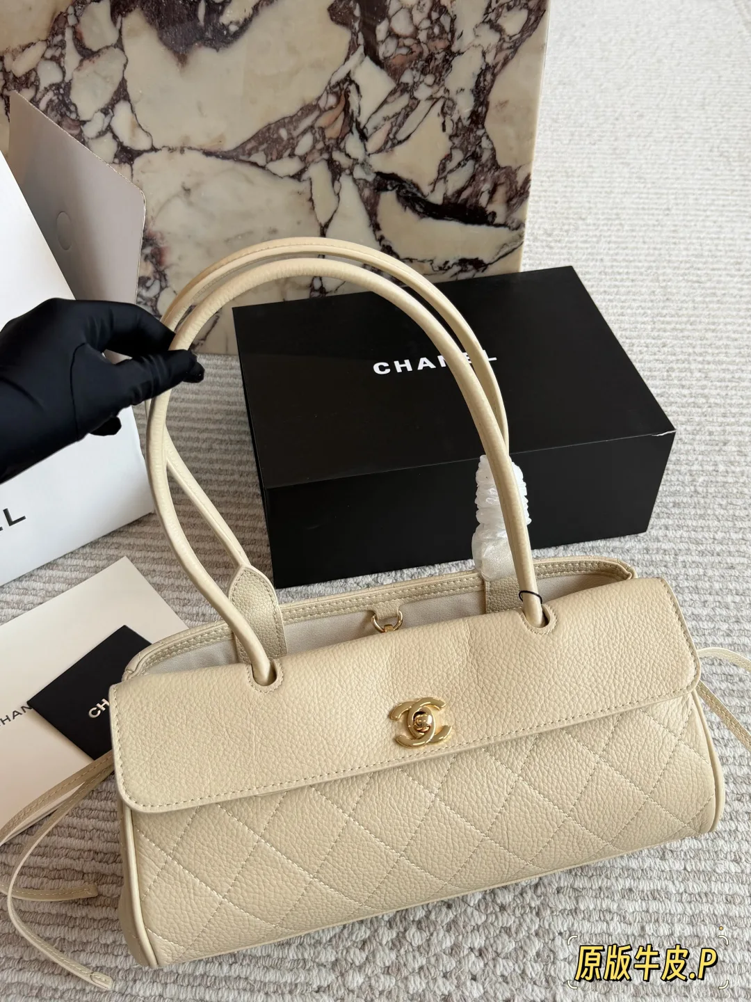 Chanel Quilted Baguette Tote in Cream · view 1