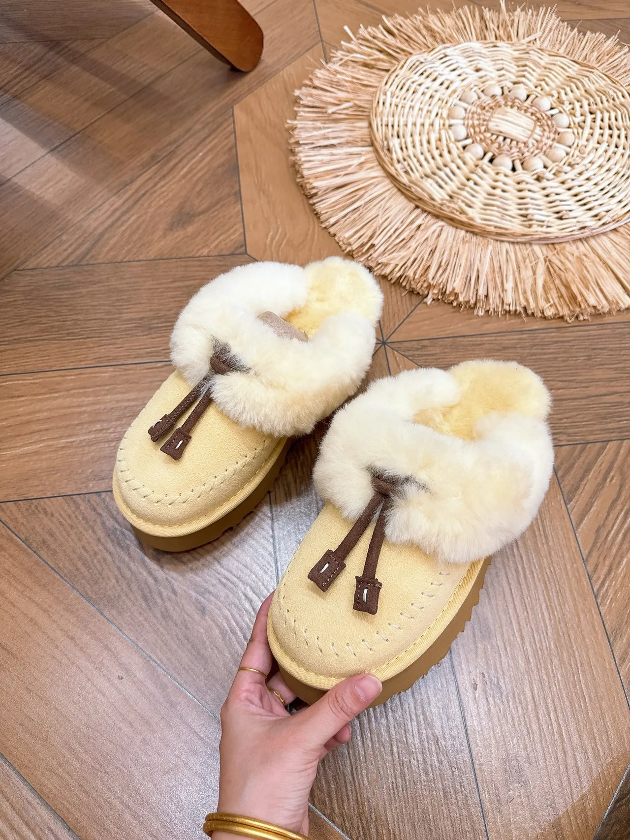 Glossy Tassel Plush-Cuff Platform Mules in Yellow · view 5