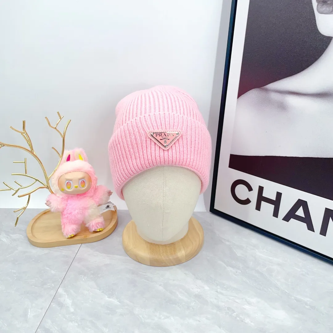 Prada Wool Triangle Logo Knit Beanie in Pink · view 2