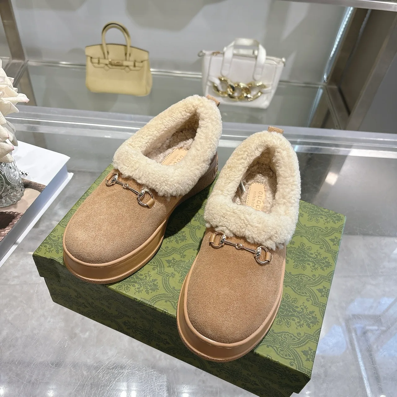 Gucci Cowhide Sheepskin Buckle Fur-Lined Ankle Boots in Brown · view 1