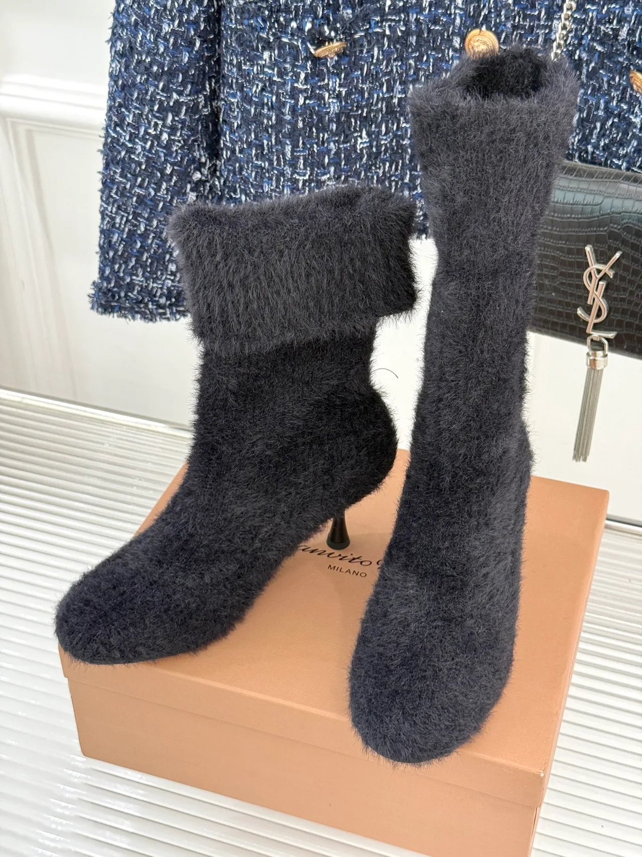 Gianvito Rossi Wool Fuzzy Ankle Boots in Black · view 2