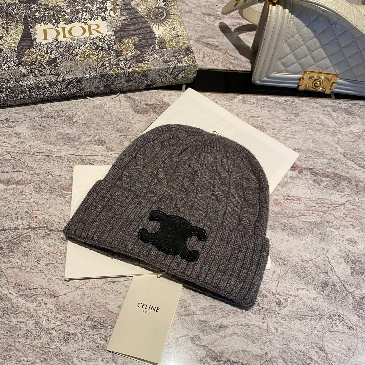 Celine Cable-Knit Triomphe Beanie in Pink & Black & White & Grey & Tan & Blue & Burgundy · view 7