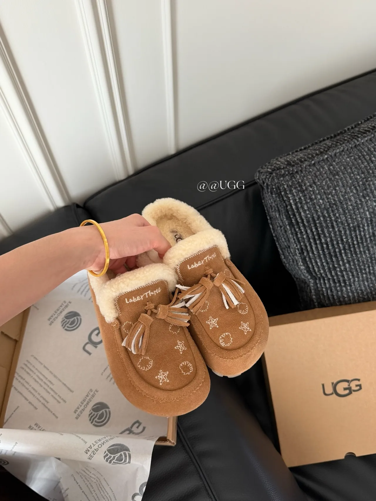 UGG Cowhide Smooth Tassel Slippers in Tan · view 5