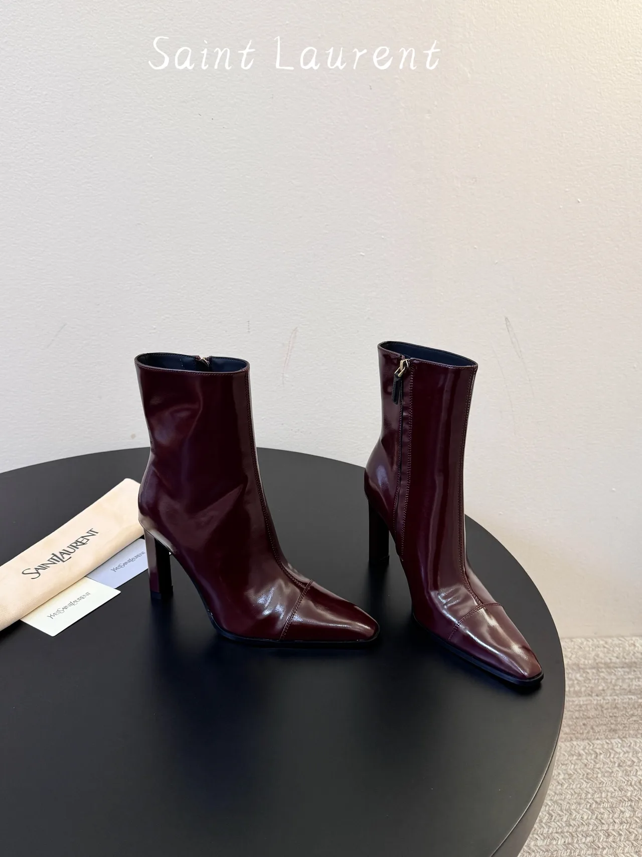Saint Laurent Glossy Pointed-Toe Ankle Boots in Burgundy · view 4
