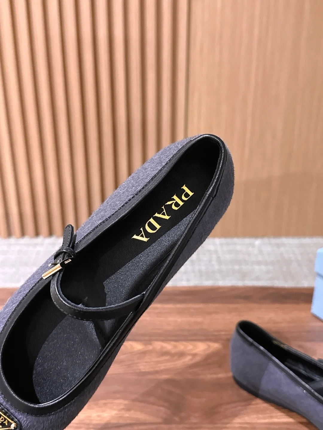 Prada Smooth Round-Toe Mary Jane Flats in Grey · view 7