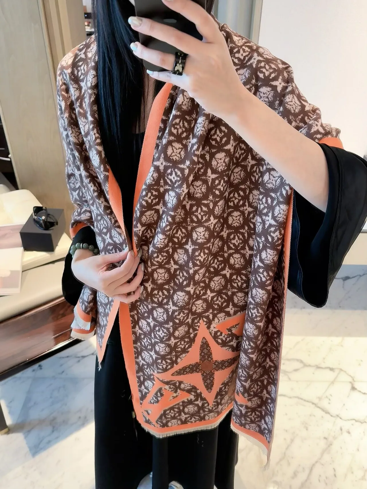 Louis Vuitton Monogram Jacquard Scarf in Grey & Brown · view 6