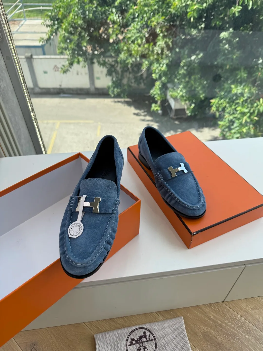 Hermes Calfskin Suede-Look Round-Toe Loafers in Blue · view 3