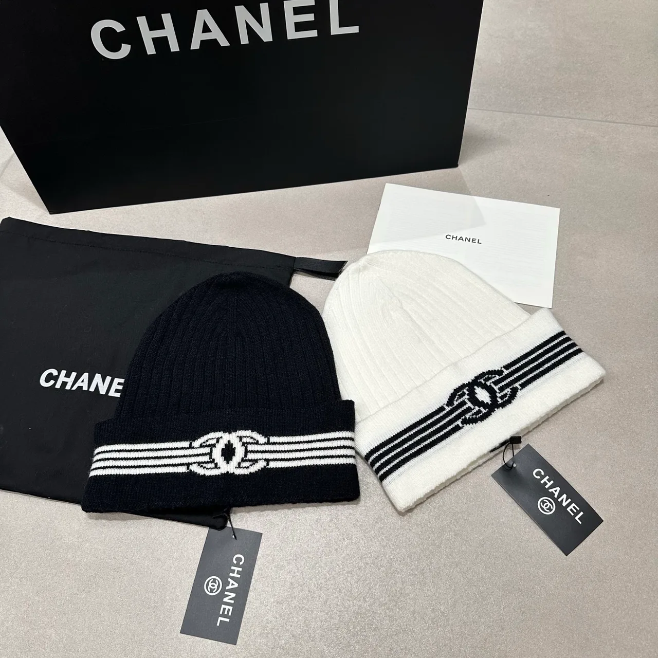Chanel Striped CC knit beanie in Black & White · view 6