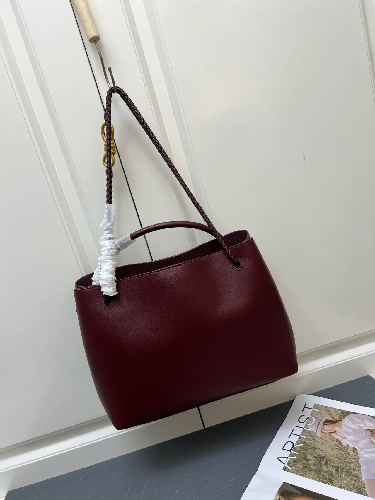 Bottega Veneta Calfskin Woven Andiamo Shoulder Bag in Burgundy · view 3