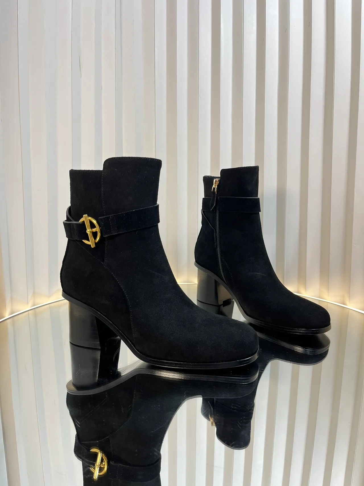 Calfskin D-Buckle Suede-Look Ankle Boots in Black · view 1