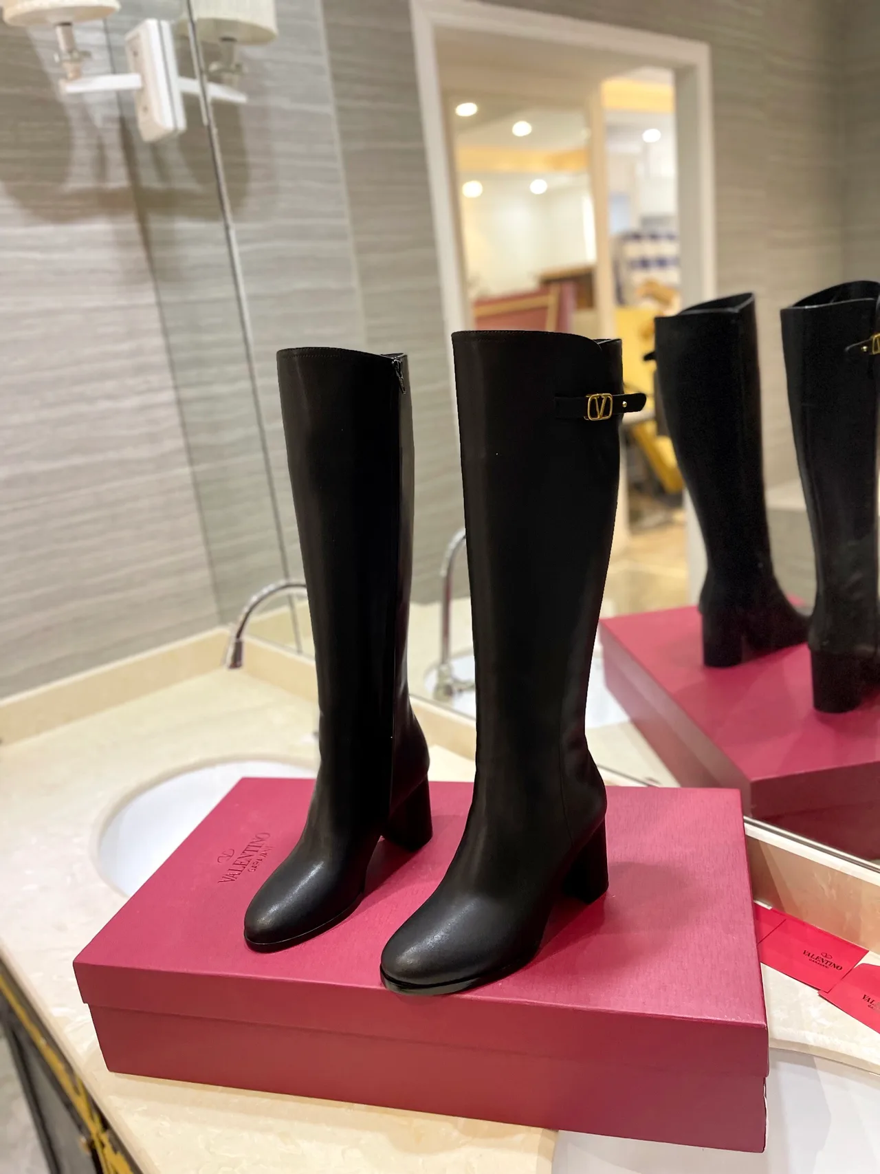 Valentino Leather Glossy Pointed-Toe Buckle Knee-High Boots in Black · view 2