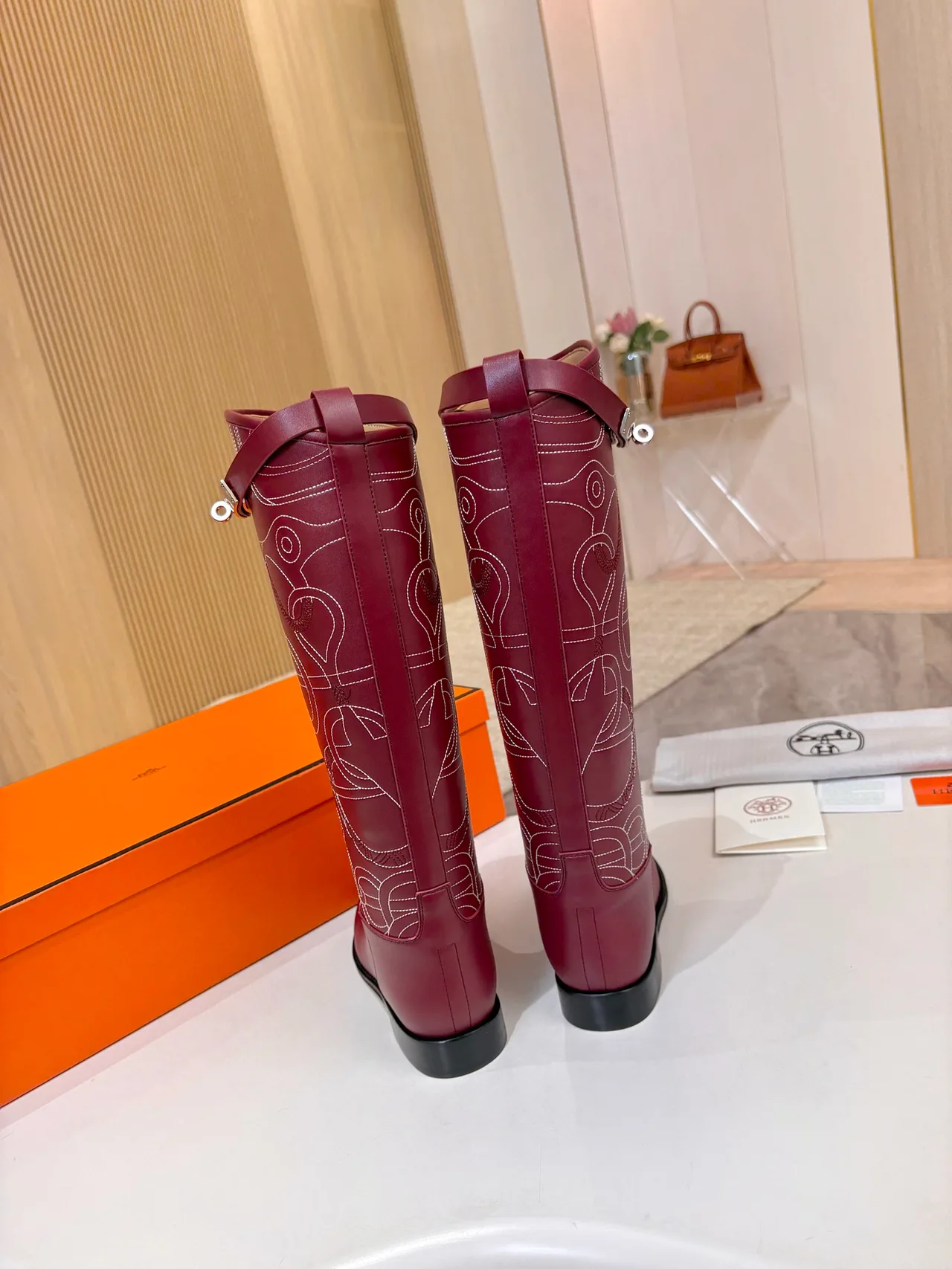 Hermes Cowhide Glossy Pointed-Toe Boots in Burgundy · view 5