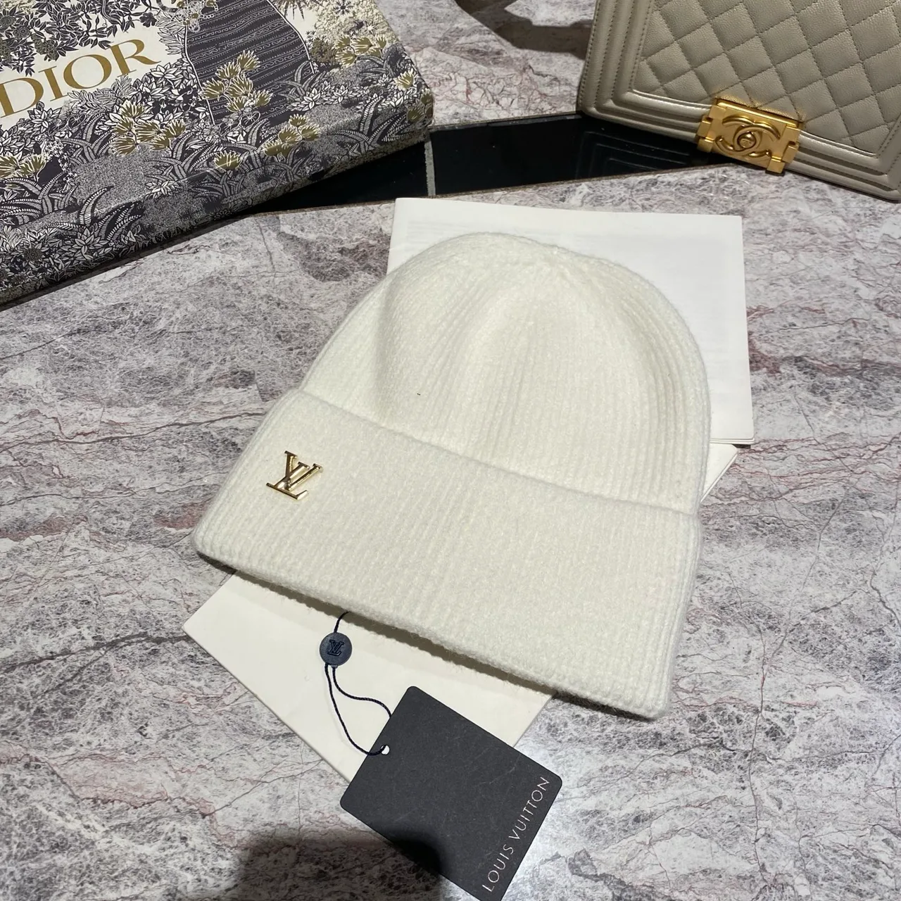 Louis Vuitton Logo Beanie in Brown & Black & Pink & White & Blue & Grey & Beige & Burgundy & Red · view 4